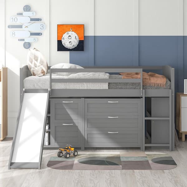 ANBAZAR Wood Low Loft Bed with Slide, Twin Loft Bed with Cabinets and Shelves Gray
