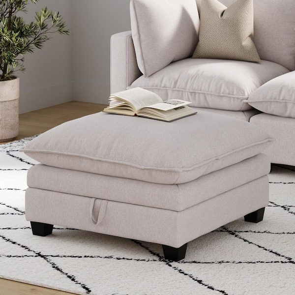 Chelsea Modern Upholstered Ottoman with Beige Linen Fabric Upholstery Cushion, Square Storage Ottoman