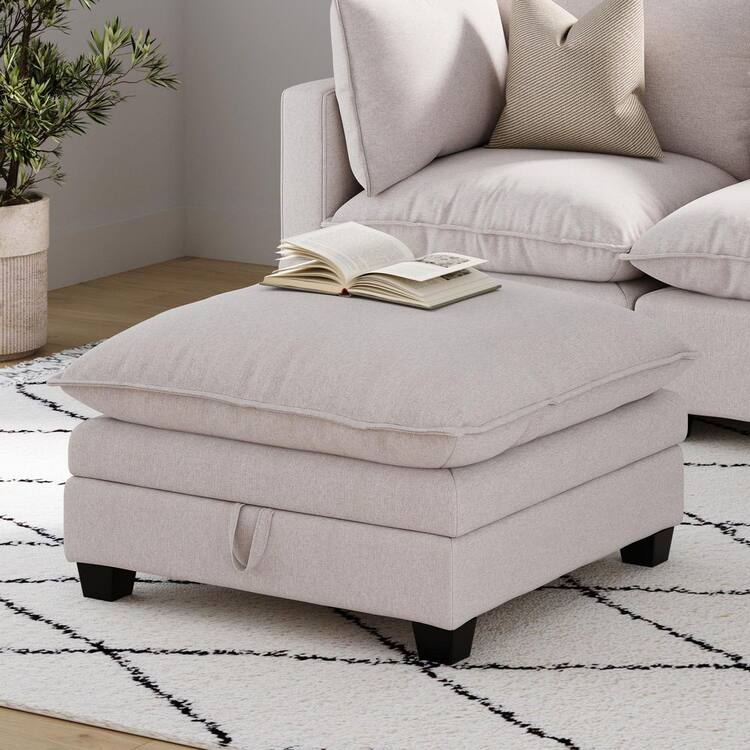 Nathan James Chelsea Modern Upholstered Ottoman with Beige Linen Fabric Upholstery Cushion, Square Storage Ottoman
