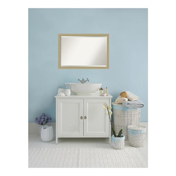 Amanti Art Champagne Teardrop 39 in. x 27 in. Beveled Rectangle Wood Framed Bathroom Wall Mirror in Champagne