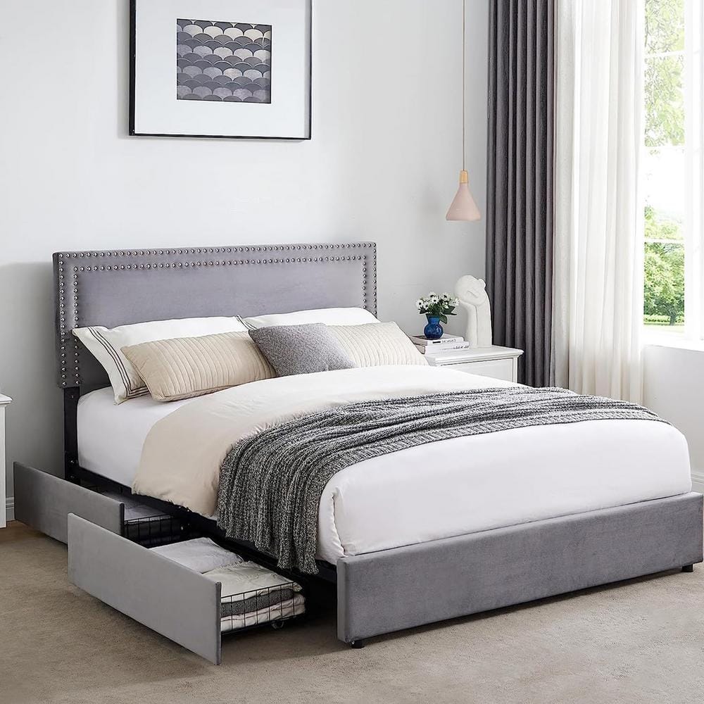 VECELO Platform Bed Frame Gray Metal Frame Queen Size Platform Bed with 4-Storage Drawers, Upholstered Bed with Headboard THD-CY-QB05-UP-DGRY - The Home Depot VECELO Platform Bed Frame Gray Metal Frame Queen Size Platform Bed with 4-Storage Drawers, Upholstered Bed with Headboard THD-CY-QB05-UP-DGRY - The Home Depot