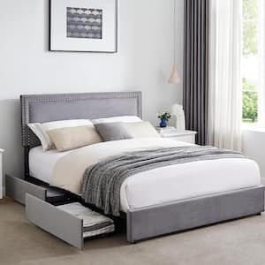 Platform Bed Frame Gray Metal Frame Queen Size Platform Bed with 4-Storage Drawers, Upholstered Bed with Headboard