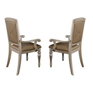 Silver Leather Crystal Tufting Dining Side Arm Chair (Set of 2)