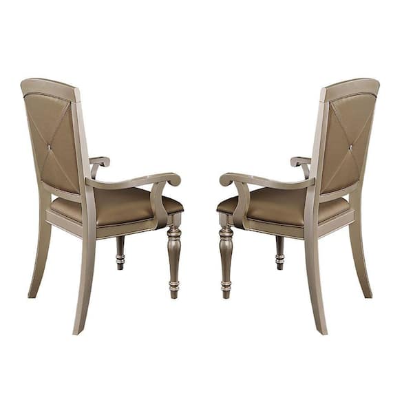 Benjara Silver Leather Crystal Tufting Dining Side Arm Chair (Set of 2)