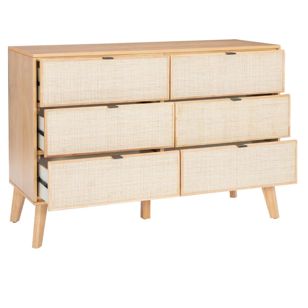 Mid-Century Natural Wood and Rattan 6-Drawer Dresser