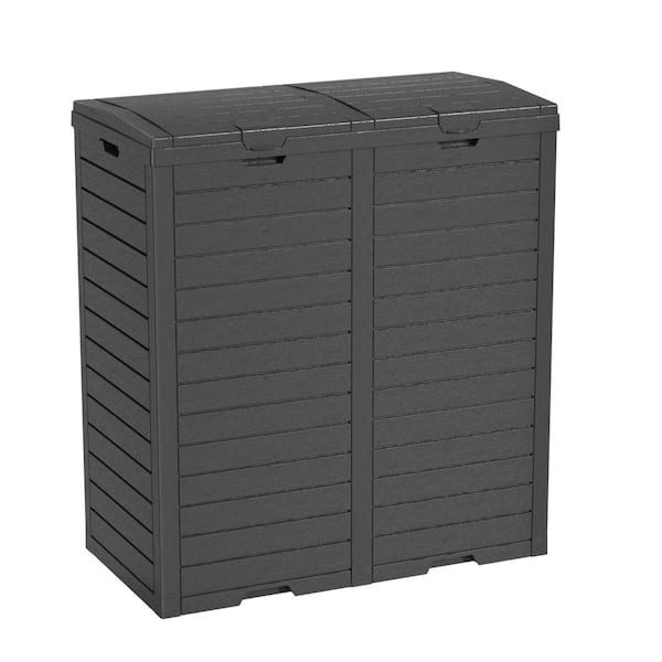 Black 31 in. W x 16 in. D x 34 in. H Waterproof Resin 62 Gal. Outdoor Trash Can Storage with Drip Tray and Tiered Lid