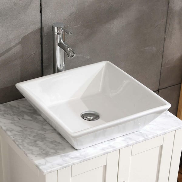 Unbranded 16.5 in. Drop-in Ceramic Bathroom Sink in White, Square Bathroom Vessel Sink with Stainless Steel Faucet for Bathroom