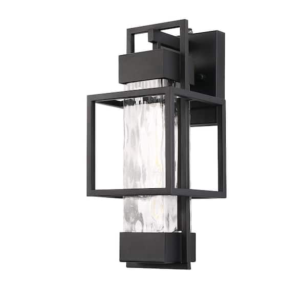 1-Light Textured Black Outdoor Wall Lantern Sconce with Water Glass and T10 Bulb Hardwired Exterior Light with Photocell