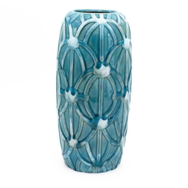 12 in. Grotto Aqua Rope Emboss Column Vase