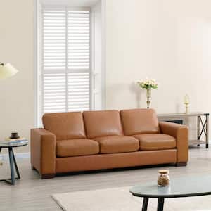 85.8 in Square Arm Oversized Genuine Leather Sofa - Modern Leather Couch - Mid-Century Living Room Sofa in Tan