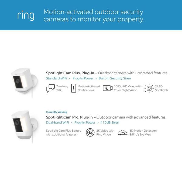Ring Spotlight Cam Pro, Plug-In - Smart Security Video Camera with LED Lights, Dual Band Wifi, 3D Motion Detection, White
