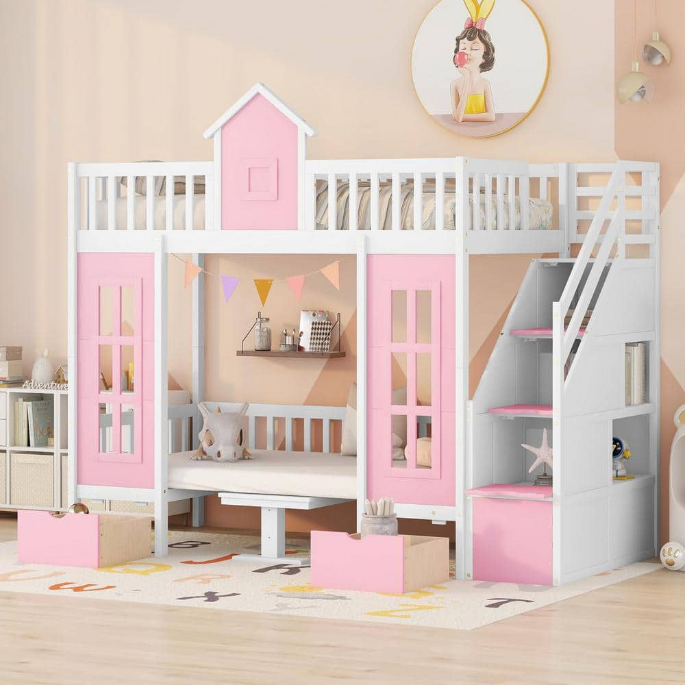 Harper & Bright Designs Pink Twin Over Twin Bunk Bed with Changeable ...