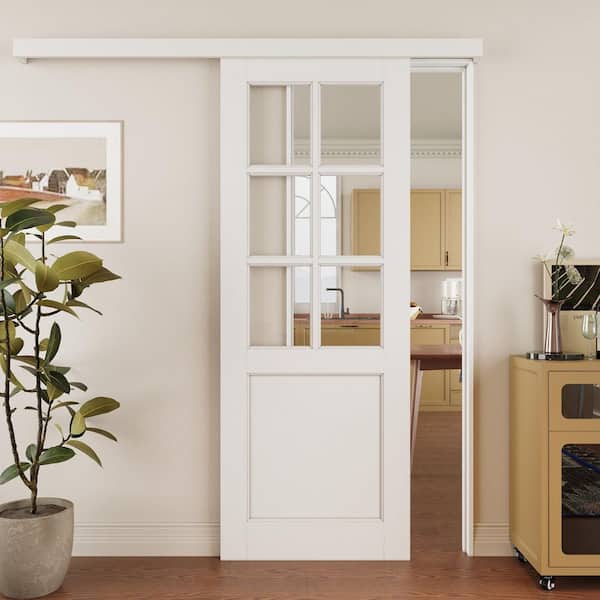 ARK DESIGN 30 in. x 80 in. Hidden Track Style 6-Lite Tempered Clear Glass White Primed MDF Sliding Barn Door with Hardware Kit