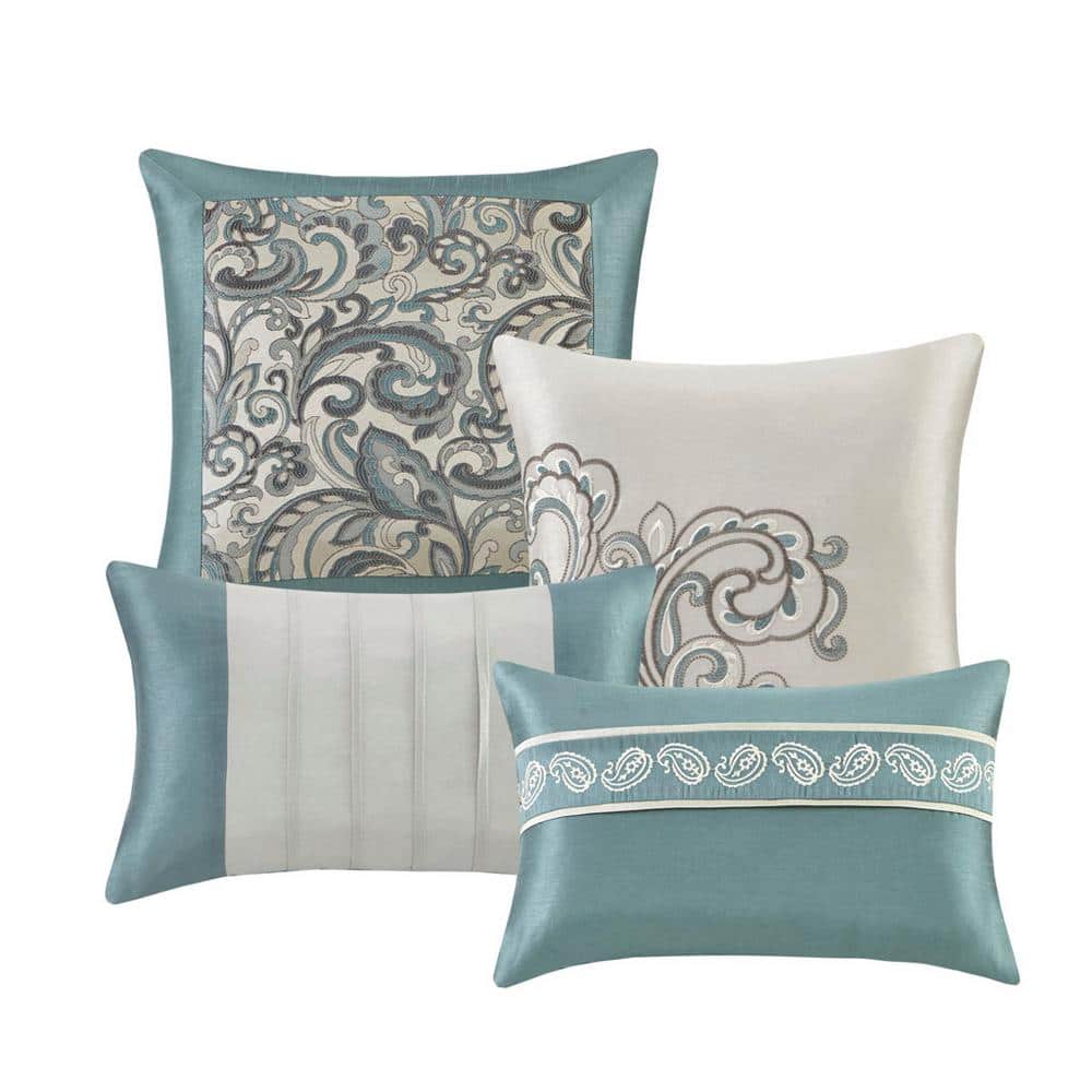 Teal and Gray Floral Motif California King Bedding Set
