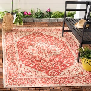 Beach House Red/Cream 7 ft. x 9 ft. Border Floral Indoor/Outdoor Patio  Area Rug