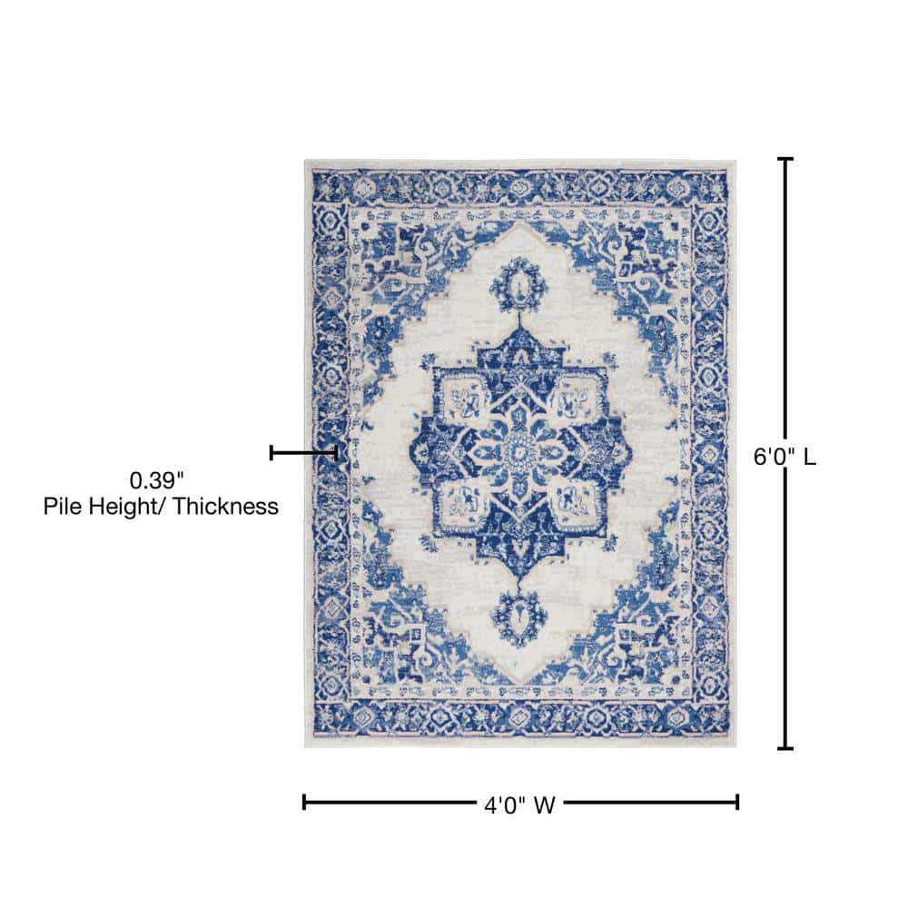 Ivory Blue Floral 4' x 6' Reversible Synthetic Area Rug