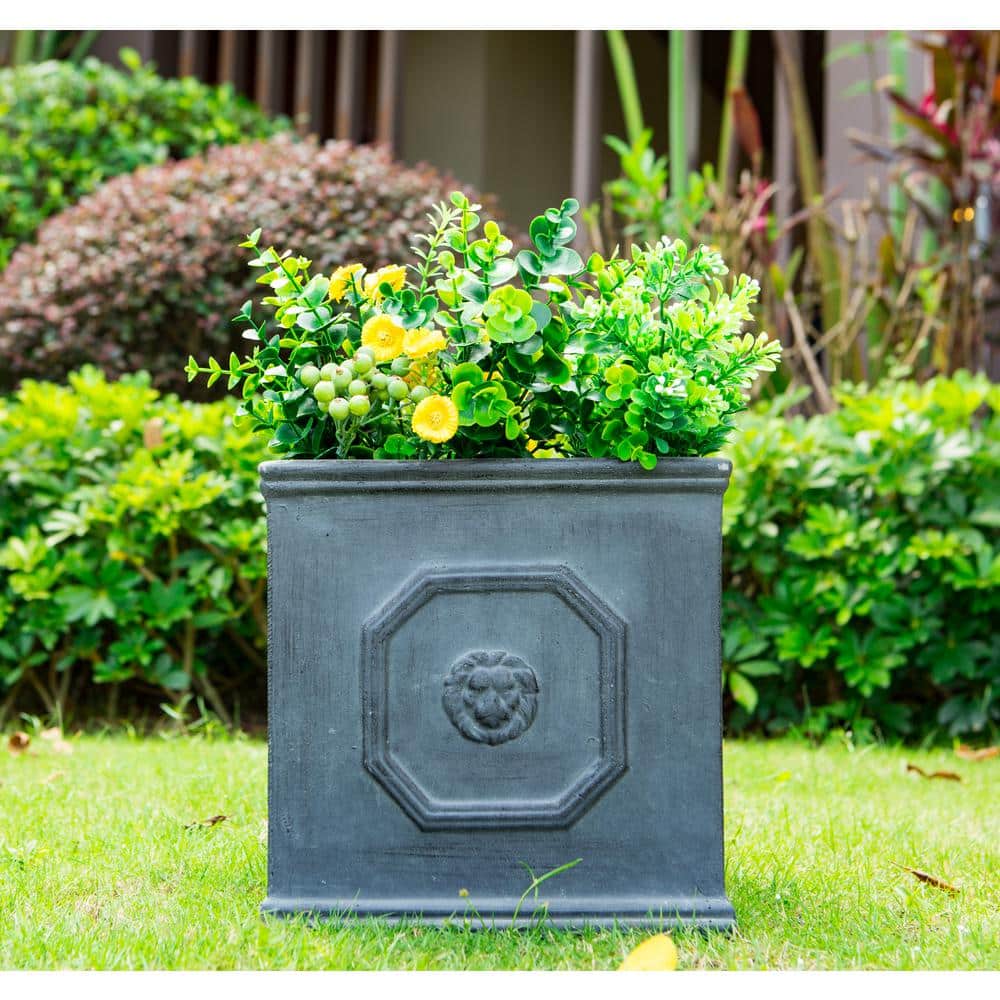 Antique Gray 14" Square Concrete Lion Head Planter