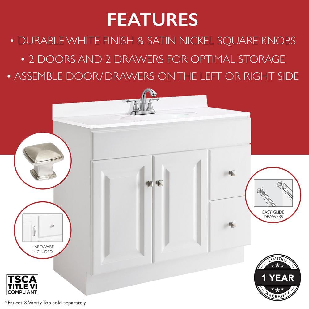White MDF 36-Inch Freestanding Bathroom Vanity with Satin Nickel Knobs