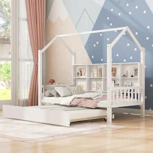 White Twin Size Wooden House Bed with Trundle and Storage Shelf