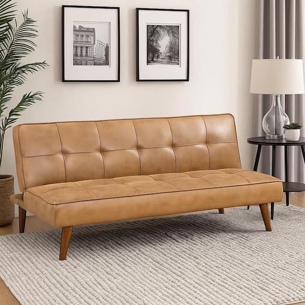 Sena 66.25 in. Light Brown Faux Leather Twin Size Futon Convertible Sleeper Couch Sofa Bed