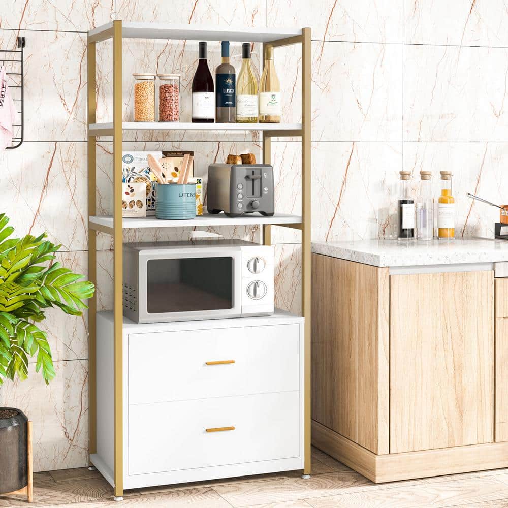 White and Gold 4-Tier Baker's Rack with Drawers