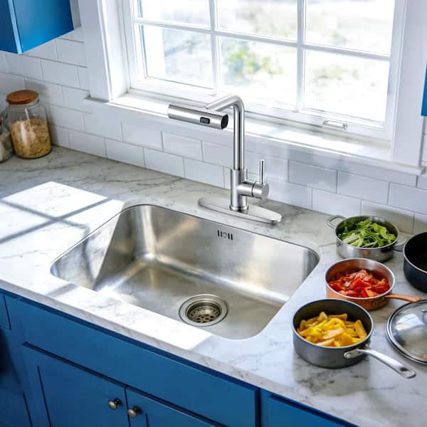 15.7 in. 3 Modes Single Handle Waterfall Pull Down Sprayer Kitchen Faucet with 360° Spout Swivel in Brushed Nickel