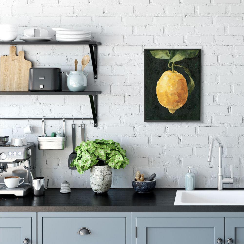 Abstract Yellow Lemon on Black Canvas with Black Frame, 16 x 20