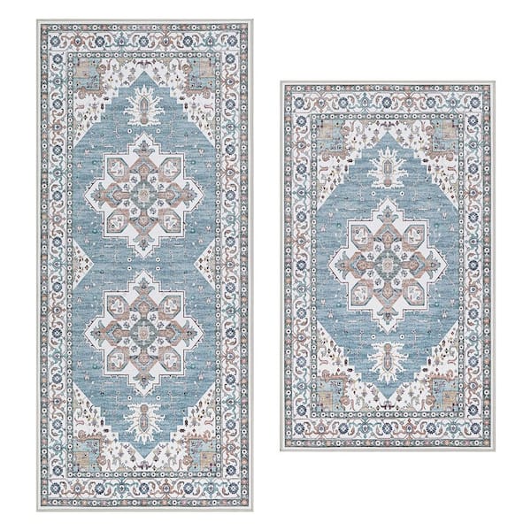 Florence Chenille Blue 2 ft. x 5 ft. Woven Oriental Polyester 2-Piece Rug Set