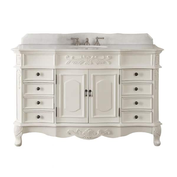 Beckham 56 in. W x 22 in D. x 36 in. H Bath Vanity in Antique White With White porcelain Sink and White Marble Top