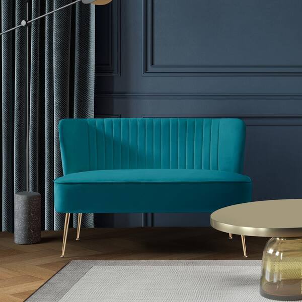 Farrah 46 in. Wide 2-Seater Velvet Upholstered Armless Wingback Loveseat Settee, Teal