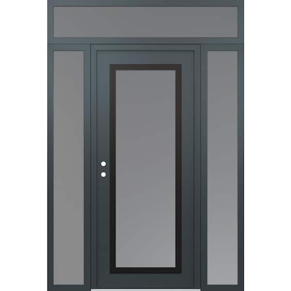 C1 64 in. x 96 in. Black P Right-Hand/Inswing Frosted Glass Anth/Anth 2 Sidelite+Transom Steel Prehung Front Door