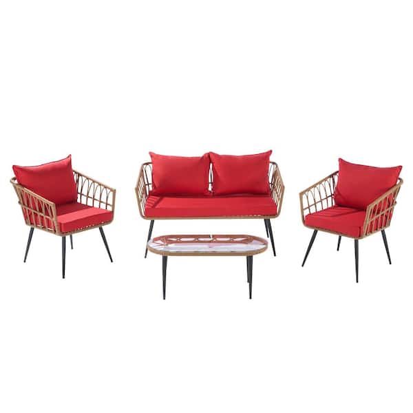 Tunearary 4-Piece Outdoor Garden Rattan Wicker Furniture Sofa Set, with Red Cushion