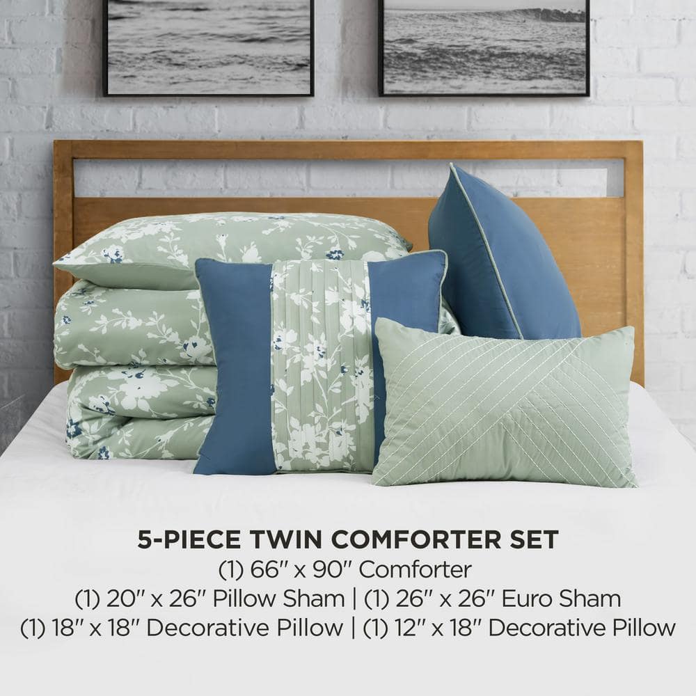 Twin Blue Reversible Microfiber Comforter Set with Piped Edges