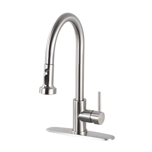 Tahanbath Single Handle Deck Mount Gooseneck Pull Down Sprayer Kitchen Faucet with Deckplate Included in Brushed Nickel