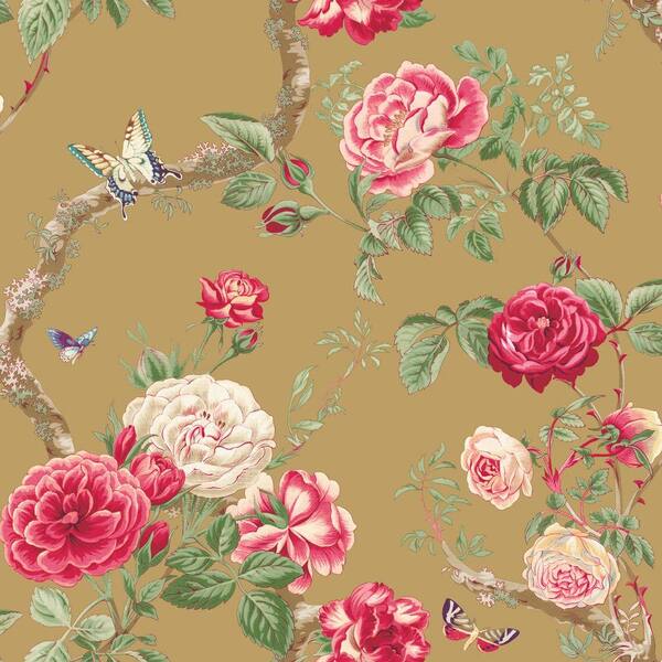 The Wallpaper Company 56 sq. ft. Gold Large Rose and Vine Wallpaper