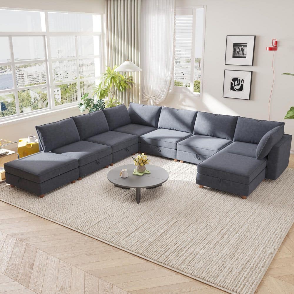 Oberon 127.56 in. 8-Piece Fabric Upholstered Modular Convertible Sectional Sofa in Gray with Storage, 2 Ottomans price history on PriceWatchPro