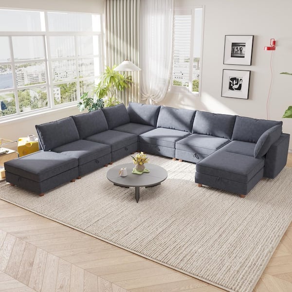 Oberon 127.56 in. 8-Piece Fabric Upholstered Modular Convertible Sectional Sofa in Gray with Storage, 2 Ottomans
