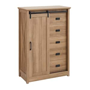 5 Drawers Pantry Organizers with Sliding Barn Door, Tall Dresser 5 Chest of Drawers, Storage Organizer in Oak