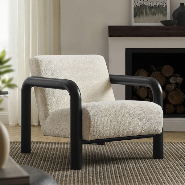 Sereno Modern Boucle Fabric Accent Chair in Cream Black w/ Rounded Wood Armrests