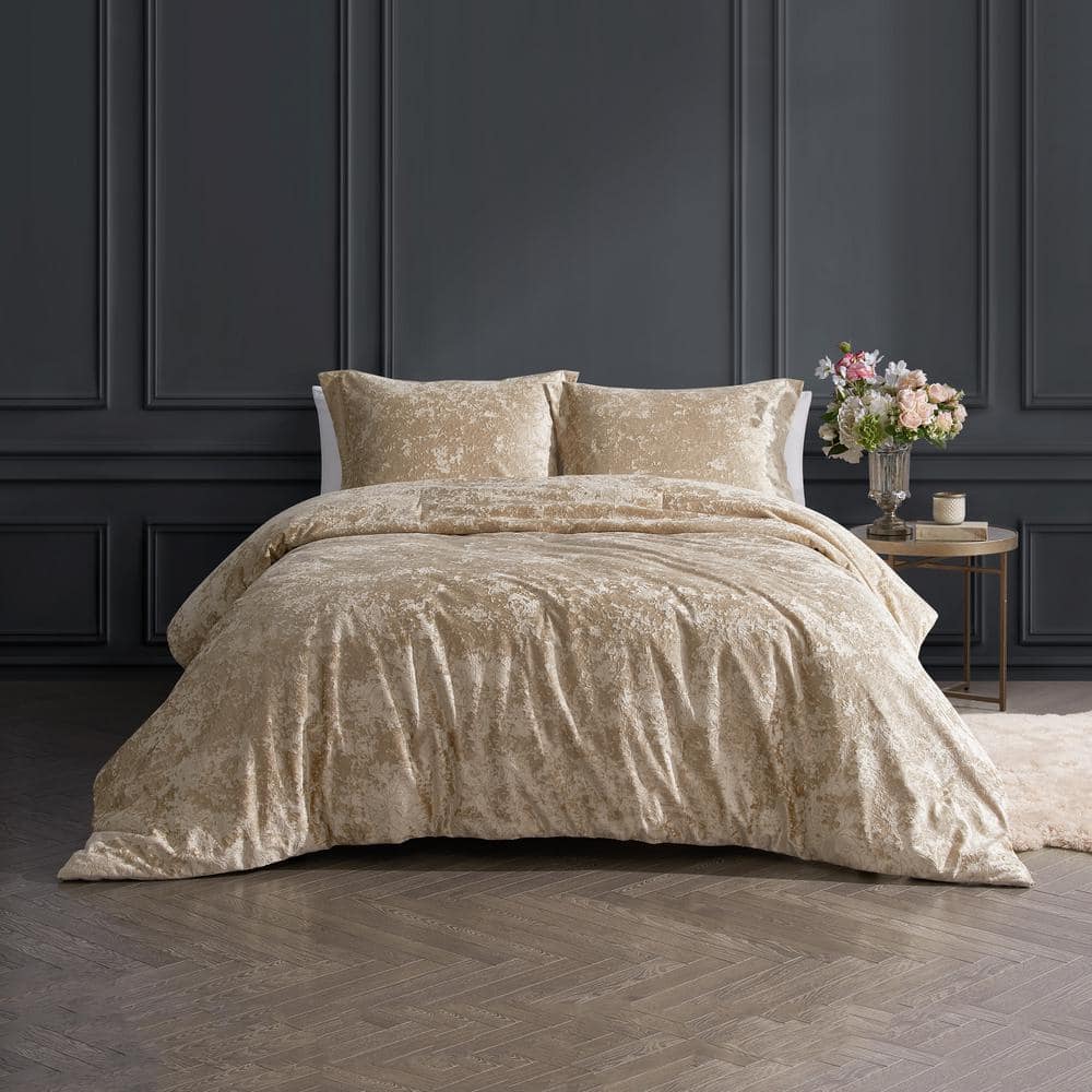 Rochelle Outline Floral Latte 2-Piece Crushed Velvet Comforter Set-Twin