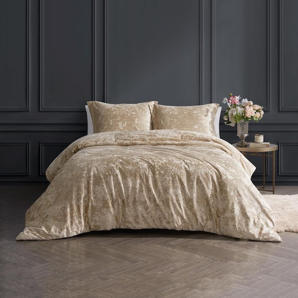 Rochelle Outline Floral Latte 2-Piece Crushed Velvet Comforter Set-Twin