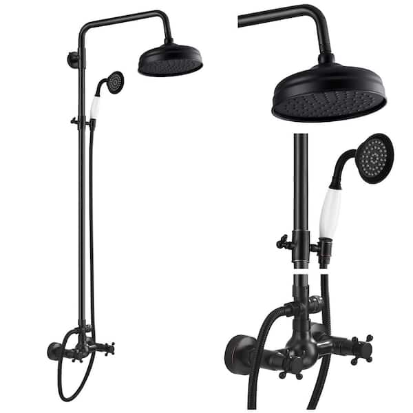 PICTURESQUE CENDU LLC Exposed Shower Faucet Set 8 in. Wall Mount Rainfall Shower Head Handheld Spray Cross Double Handle Oil Rubbed Bronze