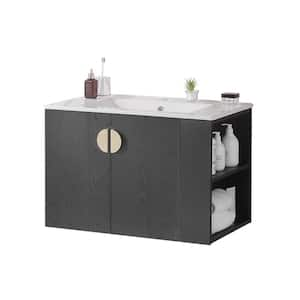 30 in. W Single Sinks Wall Mounted Bath Vanity in Black with White Ceramic Top and Right Side Shelf