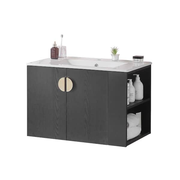 Dimakai 30 in. W Single Sinks Wall Mounted Bath Vanity in Black with White Ceramic Top and Right Side Shelf