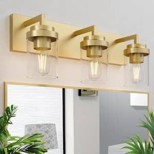 21.7 in. 3-Light Brass Vanity Light with Glass Shade and No Bulbs Included