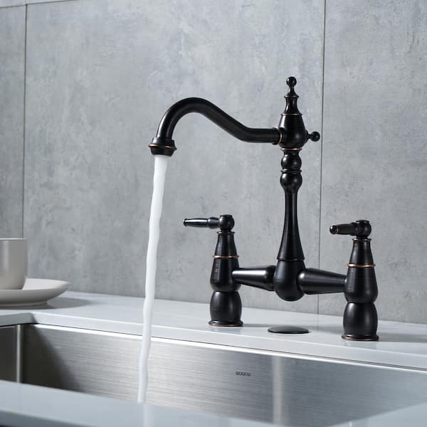 Double-Handle Bridge Kitchen Faucet Deck-Mount, 2 Hole Brass Kitchen Sink Faucet in Oil Rubbed Bronze