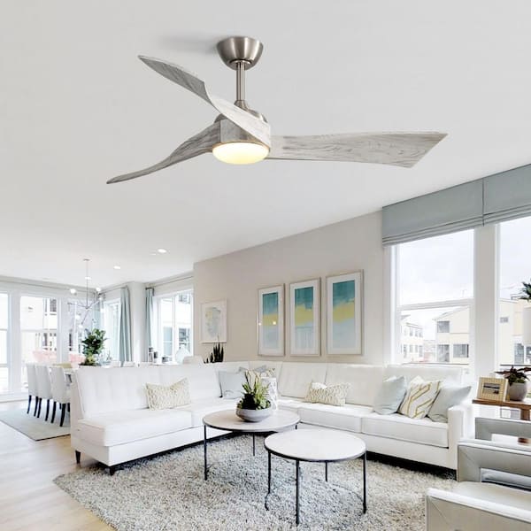 52 in. Indoor Brushed Nickel Downrod Mount Standard Ceiling Fan with Integrated LED and Solid Wood Blade, Remote Control