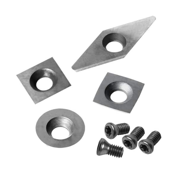 4-Piece Carbide Cutter Insert Set for Wood Lathe, 11mm Radius and Flat Squares, 10mm Round, 10 x 28mm Diamond
