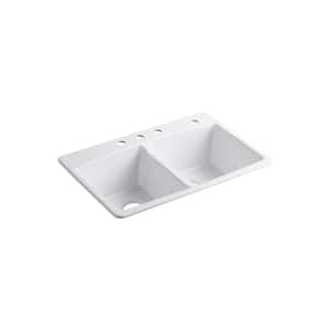 Brookfield Drop-In Cast Iron 33 in. 4-Hole Double Bowl Kitchen Sink in White