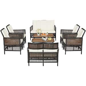 8-Piece Patio Rattan Furniture Set Cushioned Chairs Wood Table Top with Shelf in Off White